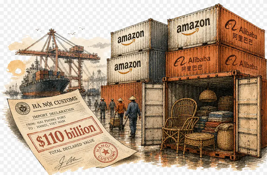 Shipping containers branded with Amazon and Alibaba logos stacked at a Vietnamese port at dawn