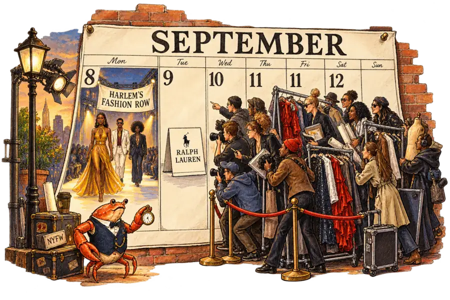 A September wall calendar where the squares from the 10th onward are jammed with a queue of designers behind a velvet rope, a card marked RALPH LAUREN sits on the 9th, and the 8th holds an uncrowded lit runway under a hand-lettered HARLEM'S FASHION ROW banner.