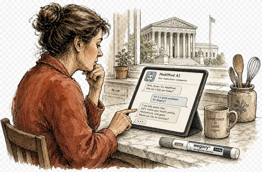 A weight-loss patient consults an AI chatbot on a tablet at a kitchen counter; a labeled Wegovy injection pen sits beside it, while the columned facade of a courthouse is faintly visible through the window behind.