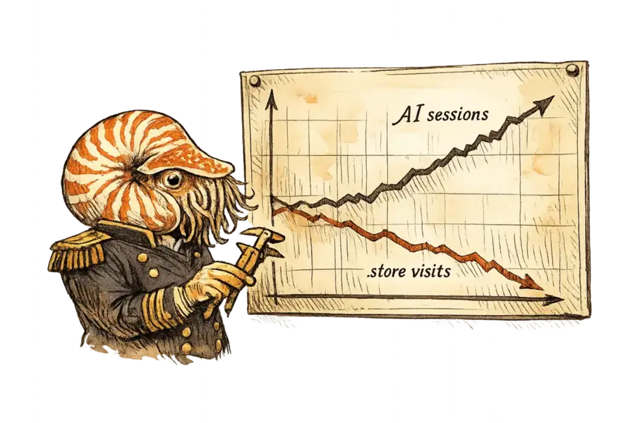 Admiral Neritus Vale as a nautilus in a naval jacket, standing before a wall-mounted chart displaying diverging trend lines labeled 'AI sessions' and 'store visits,' holding a measuring caliper