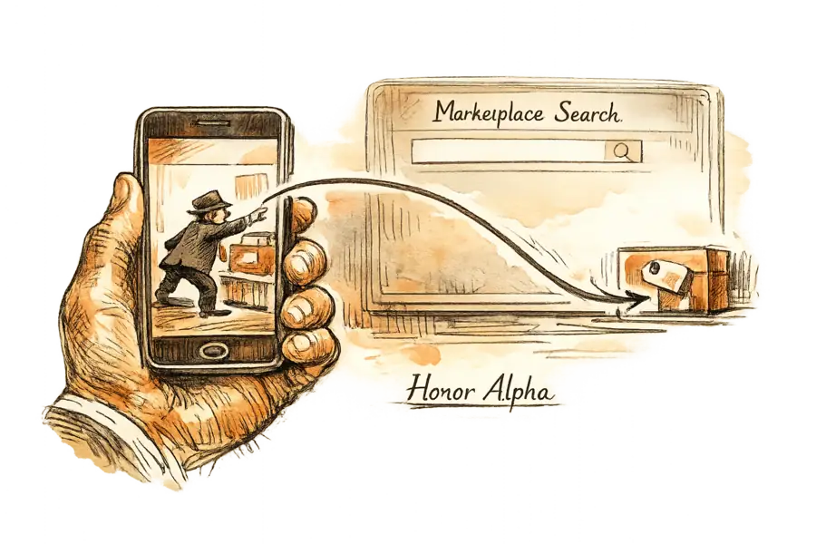 A smartphone held in a hand with an AI agent on screen selecting a product, while a dimmed marketplace search bar sits unlit in the background.