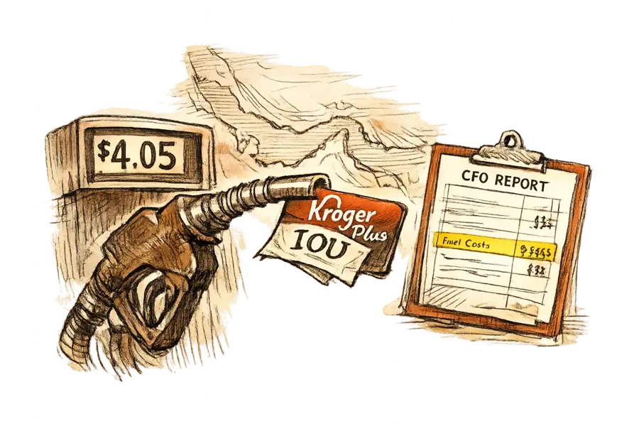 A gas pump nozzle holding a Kroger Plus loyalty card while a wall map of the Strait of Hormuz hovers behind it; the pump display reads $4.05