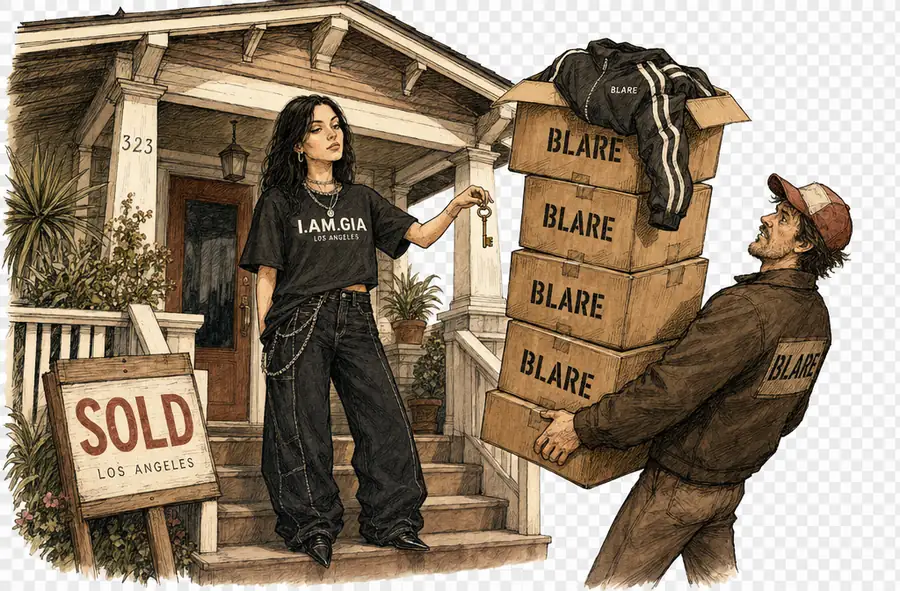Alana Pallister on the front steps of a bungalow, handing over a brass key in exchange for a stack of freight boxes stencilled BLARE, a SOLD sign leaning against the porch