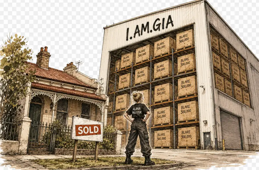 A small Australian terrace house with a 'SOLD' sign on its lawn in the foreground; behind it, looming much larger, a warehouse stacked floor to ceiling with cardboard boxes hand-labeled BLARE 300,000 and the I.AM.GIA logo hand-lettered on the warehouse wall; a small figure of Alana Pallister stands between the two, hands on hips, facing the warehouse.