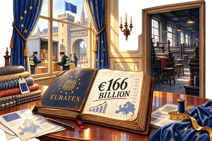 A ledger reading 166 billion euros open on a table at a Brussels policy hearing, a fortified customs gate visible through the window, an emptying textile workshop behind