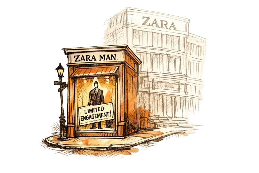 A small Zara Man pop-up storefront on a SoHo corner with a faint multi-floor Zara flagship outline looming behind it.