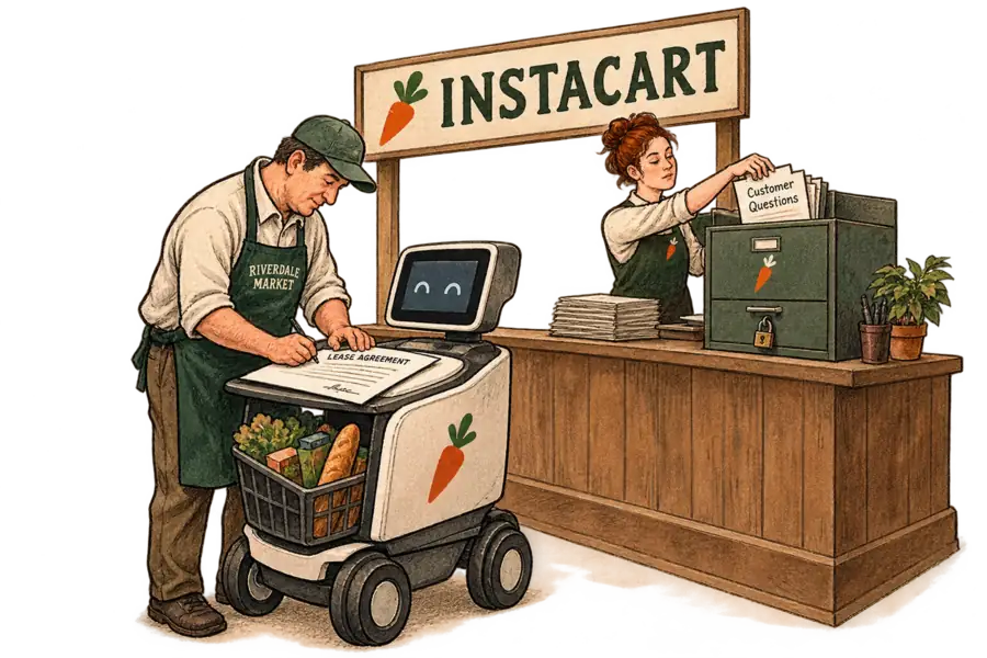 A regional grocer signs a rental agreement for an Instacart-branded shopping assistant while a clerk files shoppers' handwritten questions into a locked cabinet behind the counter