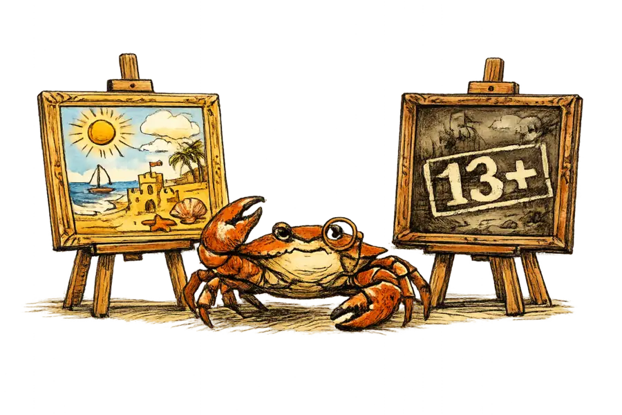 A monocled crab inspects two versions of the same content, one unrestricted and one age-rated