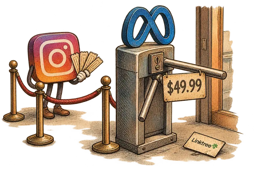 The Meta logo drawn as a coin-operated turnstile with a hand-lettered $49.99 sign, an Instagram camera icon queued behind the barrier holding four paper tickets.