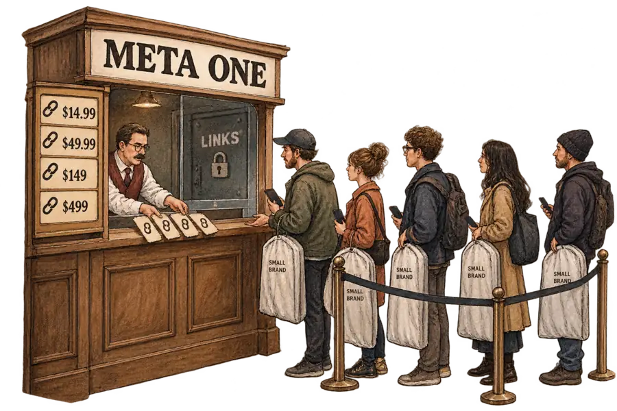 A hand-lettered Meta One ticket window with a tiered price board, a clerk sliding four chain-link tickets under the glass to a queue of small clothing brands