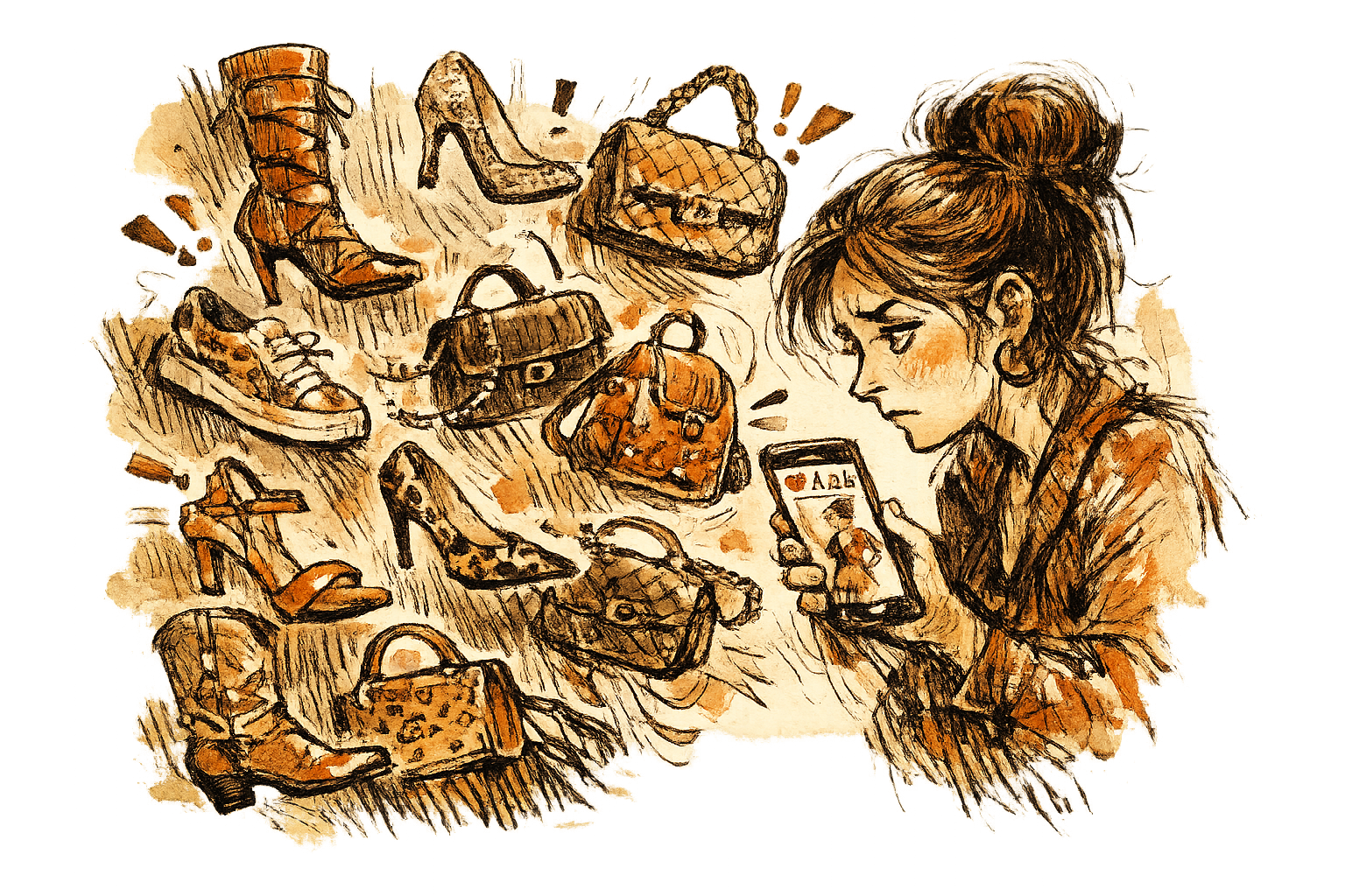 A fashion creator peers at her own post on a phone screen while unapproved shoes and handbags spill out as algorithmic recommendations around the frame. Composition tight and vertical, creator at right third, uneasy mood.