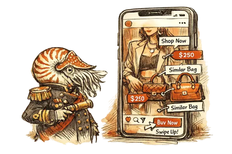 A nautilus strategist studies an Instagram post that has sprouted unauthorized shopping tags while mannequins and knockoff handbags crowd the margins.