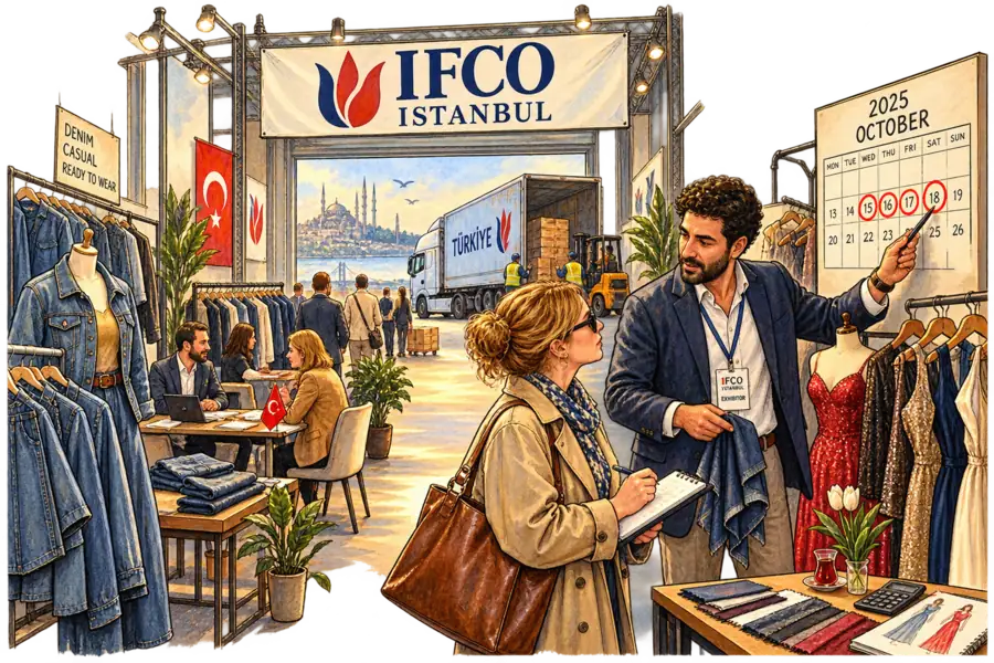 A buyer and an exhibitor at the IFCO Istanbul trade fair, a circled wall calendar between them and a loading-bay lorry behind.