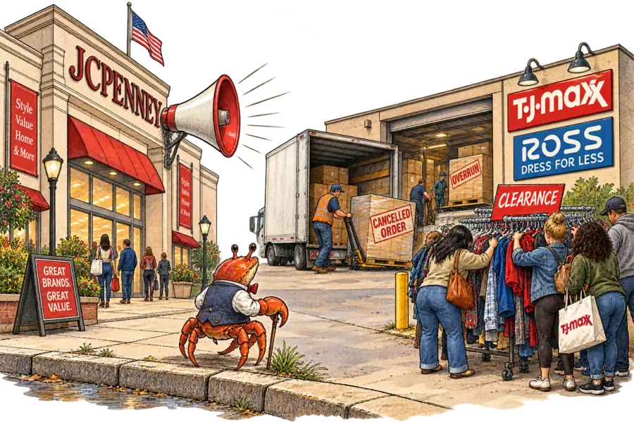 A JCPenney storefront aiming a megaphone across a street at shoppers crowded around an off-price clearance rack, while pallets marked CANCELLED ORDER are wheeled into the loading dock behind it.