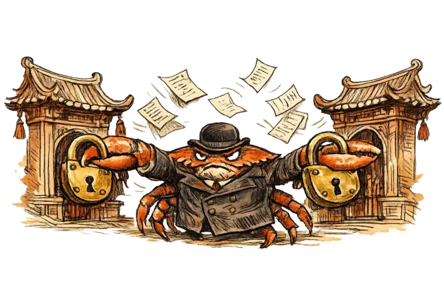 A crab inspector placing padlocks on ornate Chinese platform gateways as transaction receipts fly between them