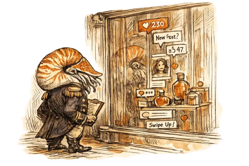 Admiral Vale the nautilus stands before a grand department store window whose reflection shows a fragmented social media feed overlaid on a luxury display