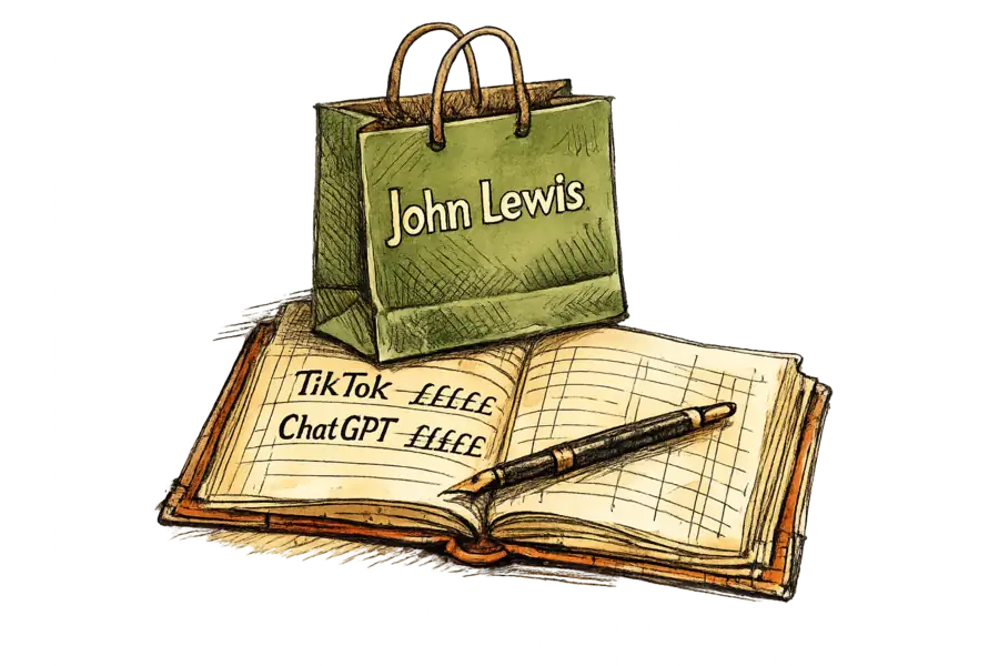 A John Lewis shopping bag resting on an open ledger with TikTok and ChatGPT logos as handwritten line items