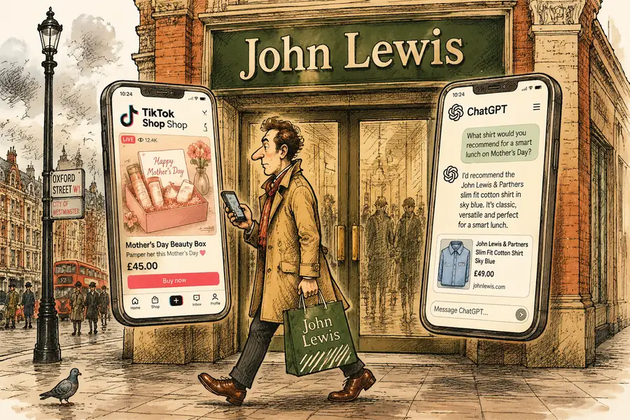 John Lewis department-store entrance with two phone screens floating in front of the closed doors, one showing TikTok Shop and the other ChatGPT, while a shopper walks past holding a green John Lewis bag and looking at the phones rather than the windows