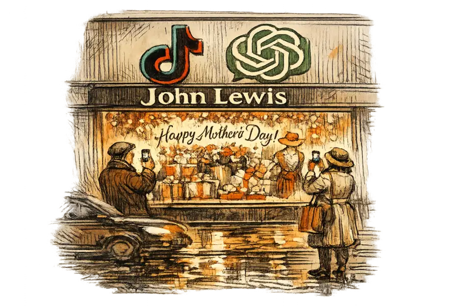 John Lewis Oxford Street storefront with TikTok and ChatGPT logos painted onto its window like co-branded tenant signs above the John Lewis lettering.
