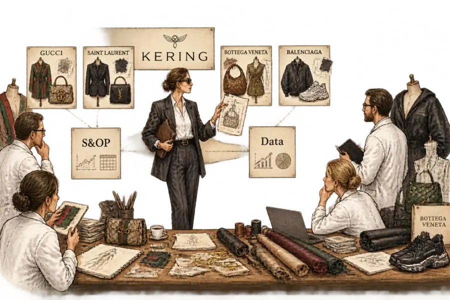 A hand-lettered Kering organisation chart on an atelier wall, with a central box marked Product and Pricing beside boxes for S&OP and Data, dotted lines running out to Gucci, Saint Laurent, Bottega Veneta and Balenciaga.
