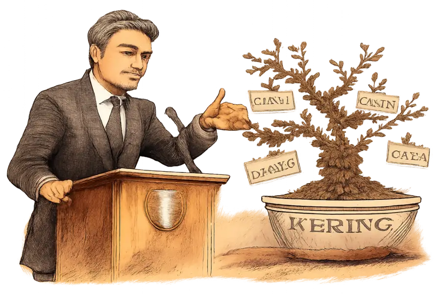 Caricature of Luca de Meo at a Florence podium beside a heavily pruned Kering bonsai with brand tags hanging from cut branches.