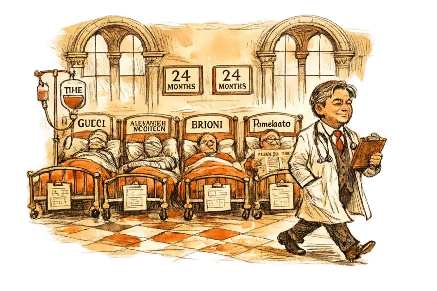 Luca de Meo as a doctor walking through a Florentine hospital ward where each bed holds a Kering fashion house. Gucci on an IV drip, McQueen in bandages, others under countdown timers.