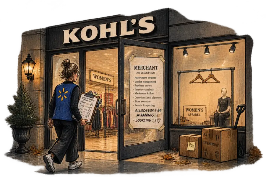 A hand-lettered Kohl's shopfront at night with a typed job description taped inside the glass door, the lines 'Allocation & Planning' and 'Sourcing' added at the bottom in fresh ink; behind it a picked-clean women's rack with three bare hangers, and a merchant in a Walmart-blue vest walking in with a clipboard of delivery schedules.