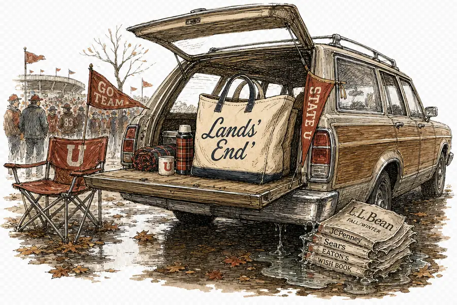 A Lands' End tote bag propped on the open tailgate of a station wagon in a stadium car park, a toppled stack of mail-order catalogues beside the rear wheel.