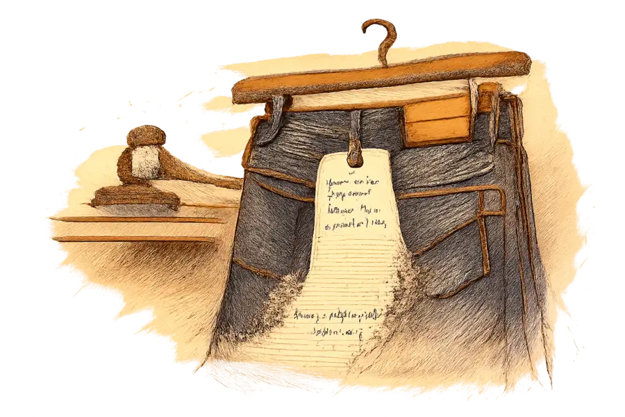 A pair of Levi's jeans hung on a wooden hanger, the paper hangtag at the waistband dissolving at its lower edge into the typed lines of a court filing, with a small wooden gavel resting on a shelf behind.