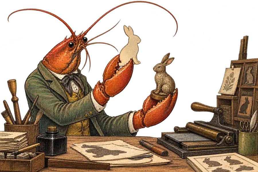 A lobster in a tailored jacket at a print-shop bench, holding up a flat paper rabbit outline in one claw and a shaggy fur-covered figurine in the other.