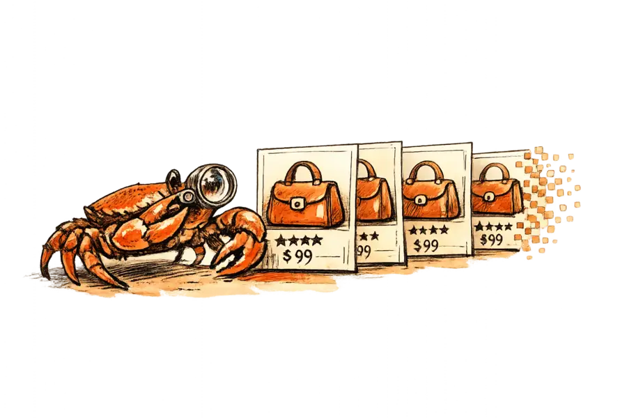 A crab with a jeweller's loupe examines an endless parade of AI-generated product listings