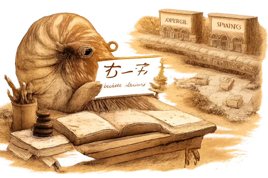 A nautilus at a translator's desk examining a card showing the Chinese character 砍一刀 next to its English rendering, with a half-drained moat in the background between miniature Pinduoduo and Temu storefronts.