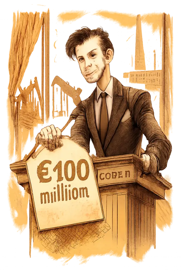 Caricature of L'Oréal CEO Nicolas Hieronimus at a podium holding a price tag stamped €100m, with oil derricks and Dubai Mall storefronts visible behind him.