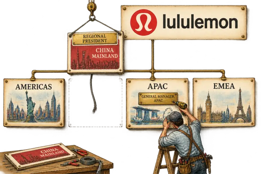 A wall-mounted org chart beneath a lululemon wordmark, with the box marked CHINA MAINLAND hoisted on a wire to a higher tier while a workman fits a brass nameplate reading GENERAL MANAGER APAC to the box below.