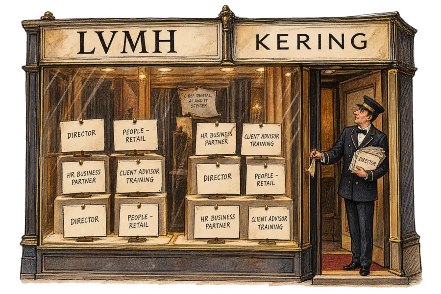 A luxury boutique window beneath hand-lettered LVMH and Kering signs, filled with pinned job cards reading Director People Retail and HR Business Partner, with one small card at the back reading Chief Digital AI and IT Officer.