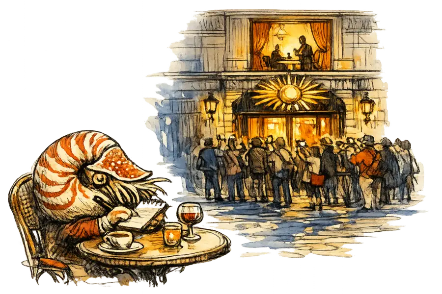 A nautilus seated at a Paris café across from a luxury flagship watches tourists photograph a gilded façade, while a warmly lit upstairs window reveals a private salon with a single seated customer and an associate.
