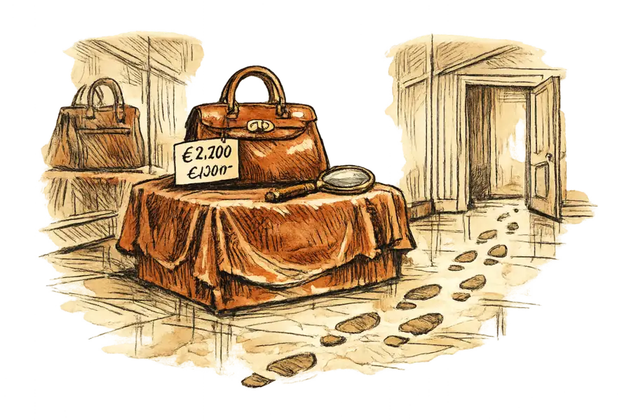 A luxury handbag on a velvet pedestal with a doubled price tag, a magnifying glass set beside it, faint footprints leading away toward the door.