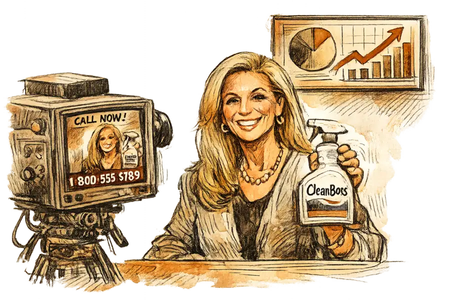 Joy Mangano in einem Infomercial-Studio, eine CleanBoss-Flasche in der Hand, während ein modernes Marketing-Dashboard in die andere Richtung zeigt.