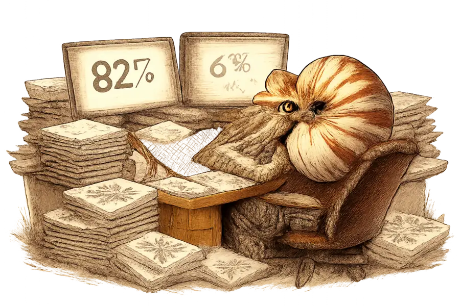 A nautilus seated at an editor's desk between two monitors, one reading 82 percent in bright type and the other reading 6 percent in faded type, with stacks of printed marketing assets piled around.