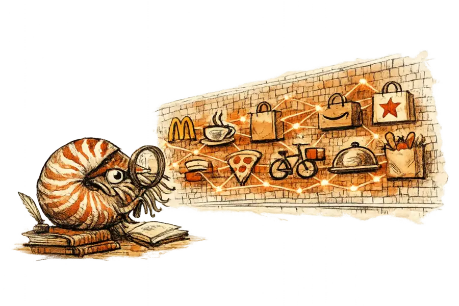 A nautilus examining a mosaic wall where restaurant logos and product icons are arranged sequentially like words, connected by faint attention-weight lines