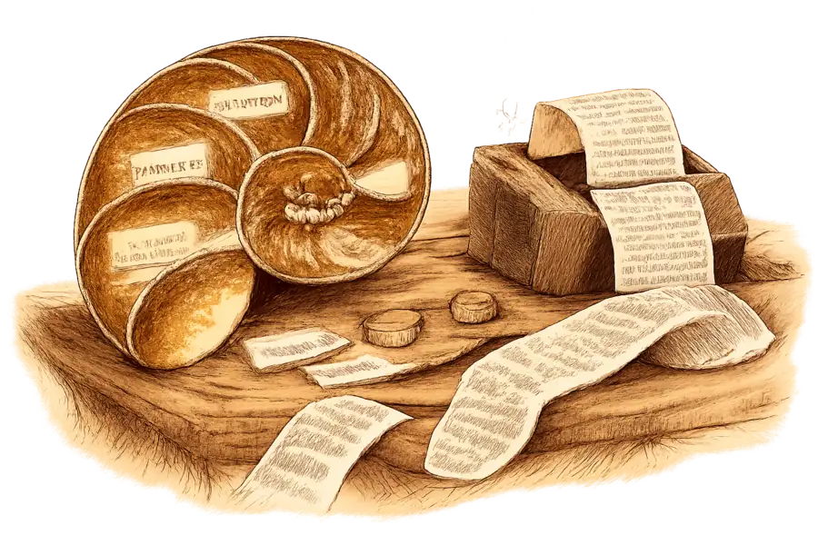 A chambered nautilus shell cross-sectioned to reveal labeled memory fragments in each chamber, next to a receipt printer spitting a long curling tape of SKU codes.
