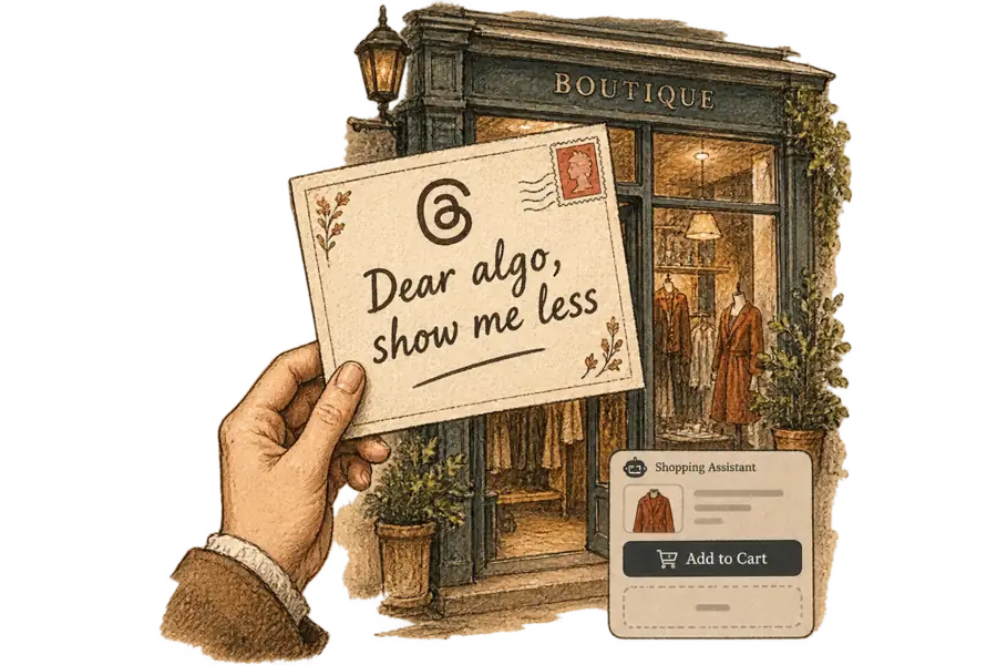 A hand-lettered Threads post card reading 'Dear algo, show me less' held in front of a boutique window, above a dim shopping assistant chat offering only an Add to Cart button.