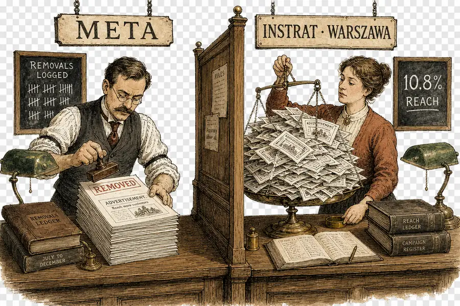 A divided counting-house counter: on one side a clerk under a Meta sign stamps REMOVED on a neat stack of paper advertisements beside a tally board reading REMOVALS LOGGED; on the other, a researcher under an Instrat sign weighs a far larger unsorted heap on a brass scale.