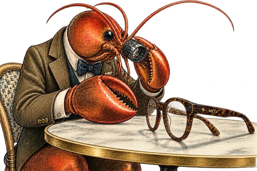 A lobster examines the capture light on the corner of a folded pair of tortoise smart glasses through a jeweller's loupe at a café table.