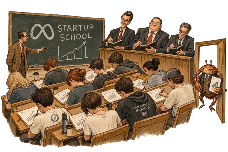 A lecture hall where young founders copy a rising chart from a blackboard marked with the Meta logo, watched by venture capitalists seated in a raised back row.