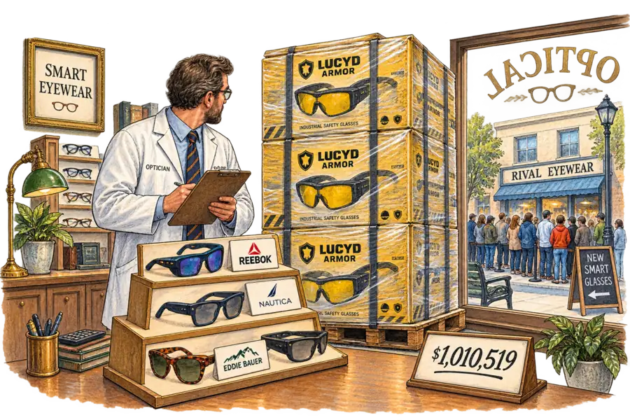 An optical shop counter with a small display of smart eyewear labelled Reebok, Nautica and Eddie Bauer, dwarfed by a tall pallet of yellow industrial safety glasses stacked behind it.