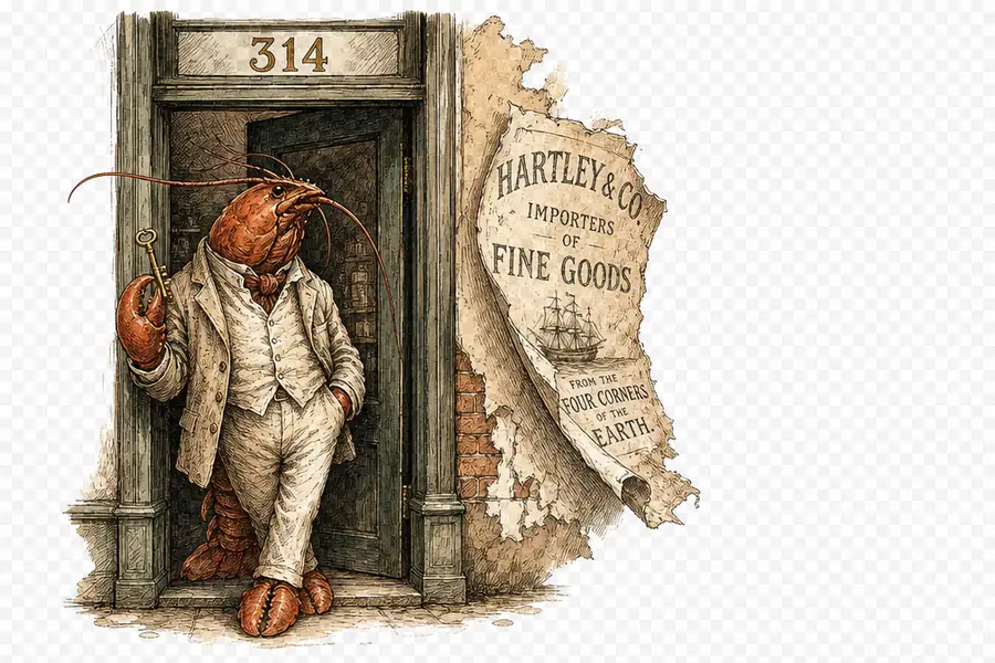 A lobster in a rumpled linen suit stands in a narrow shopfront doorway holding a brass key, beneath a transom numbered 314, while a wheatpaste poster peels off the wall beside her.