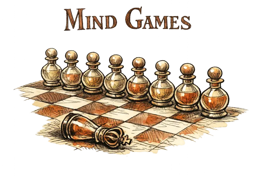 Chess-piece-shaped perfume bottles arranged on a board, one king toppled, pawns standing in a row, with 'Mind Games' hand-lettered above.