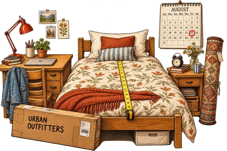 A narrow dorm room with a Twin XL bed, a tape measure laid along the mattress, a shipping carton lettered URBAN OUTFITTERS, and a wall calendar with one August date circled