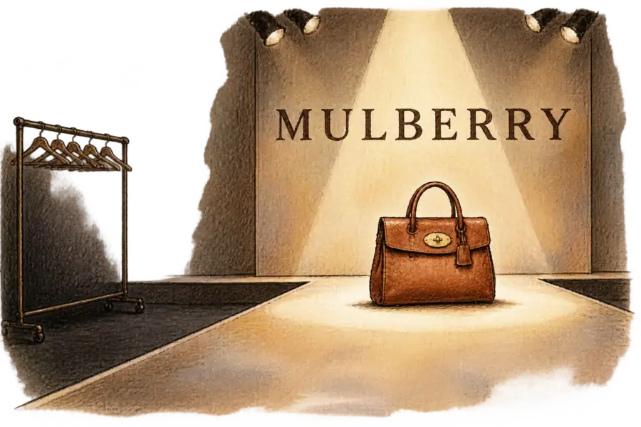 A single handbag under a spotlight on an empty runway, MULBERRY hand-lettered on the backdrop, with a bare clothes rail waiting in shadow at the edge of the catwalk.